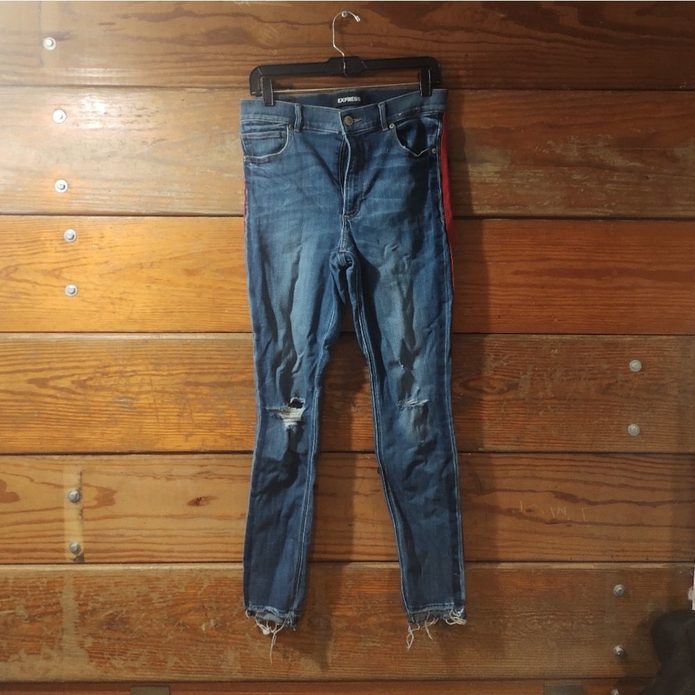 EXPRESS | RED STRIPE DISTRESSED JEANS 10 LONG